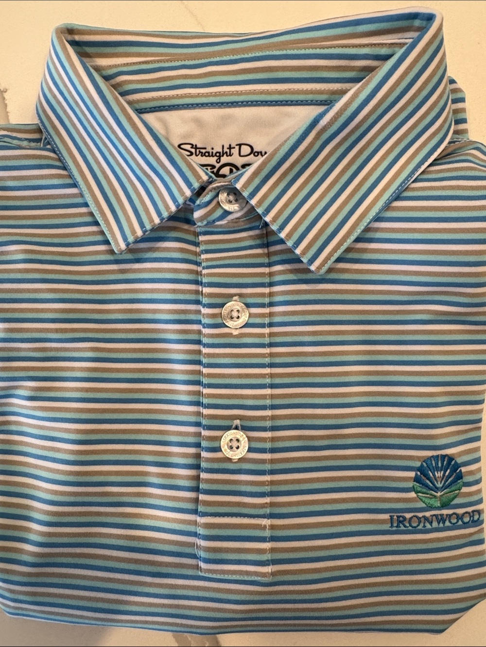 Straight Down Golf Striped Performance Polo in Blue/Tan/White
